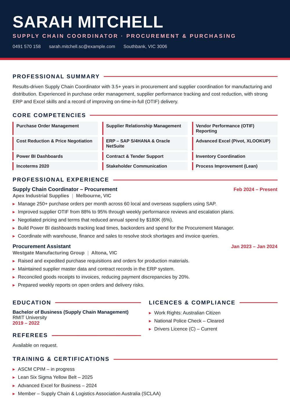 Procurement Supply Chain Coordinator Resume Sample Australia (2026) – ATS-Friendly Australian Format Procurement Supply Chain Coordinator resume sample Australia: one-page Australian-format resume example for 3-4 years of experience (JPG)