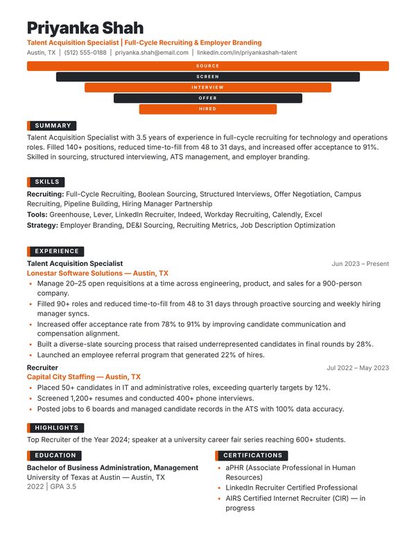 Talent Acquisition Specialist resume example for USA jobs - ATS-friendly one-page American format