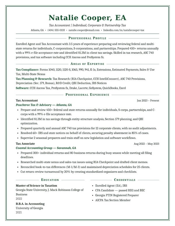 Tax Accountant resume example for USA jobs - ATS-friendly one-page American format