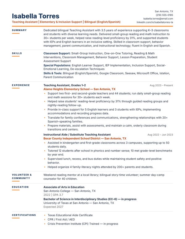 Teaching Assistant resume example for USA jobs - ATS-friendly one-page American format