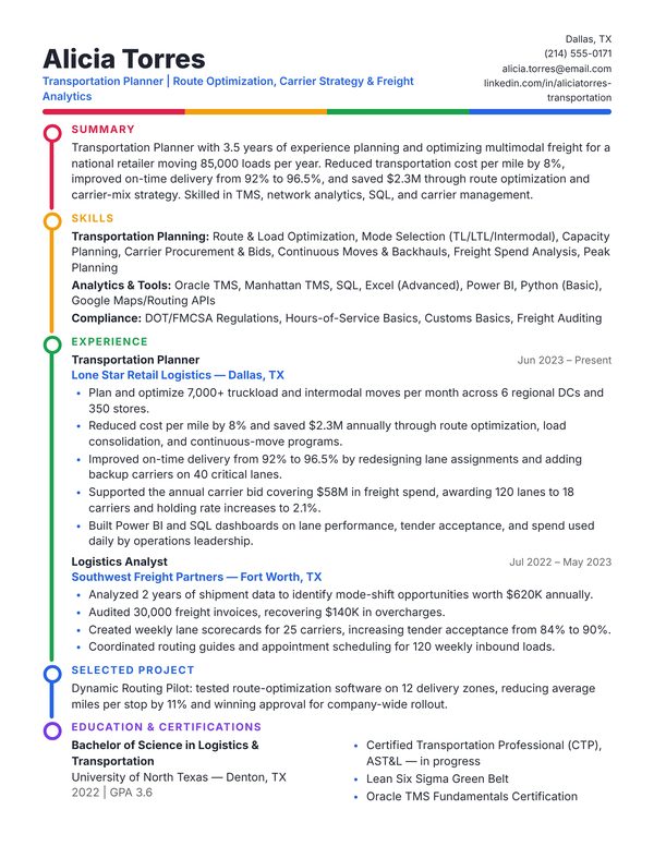 Transportation Planner resume example for USA jobs - ATS-friendly one-page American format