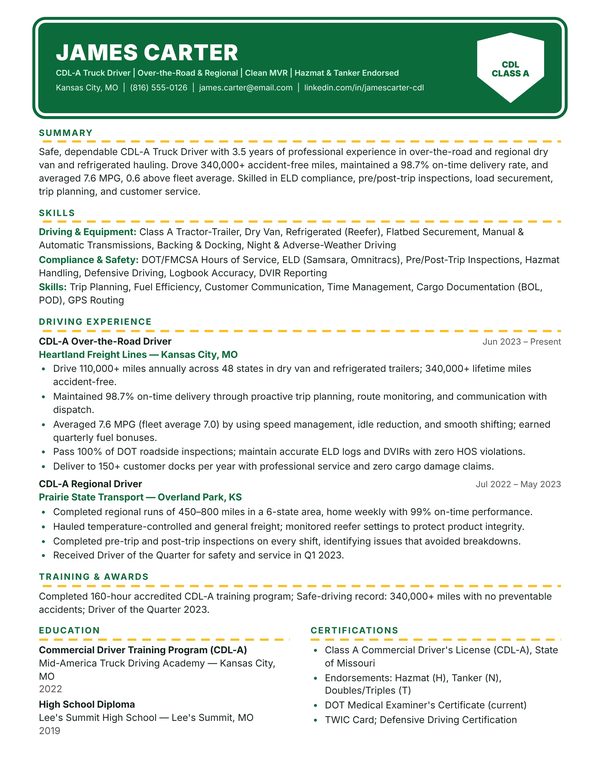 Truck Driver (CDL-A) Resume Sample JPG - USA Format, 1-Page Design (3-4 Years Experience) Truck Driver (CDL-A) resume example for USA jobs - ATS-friendly one-page American format