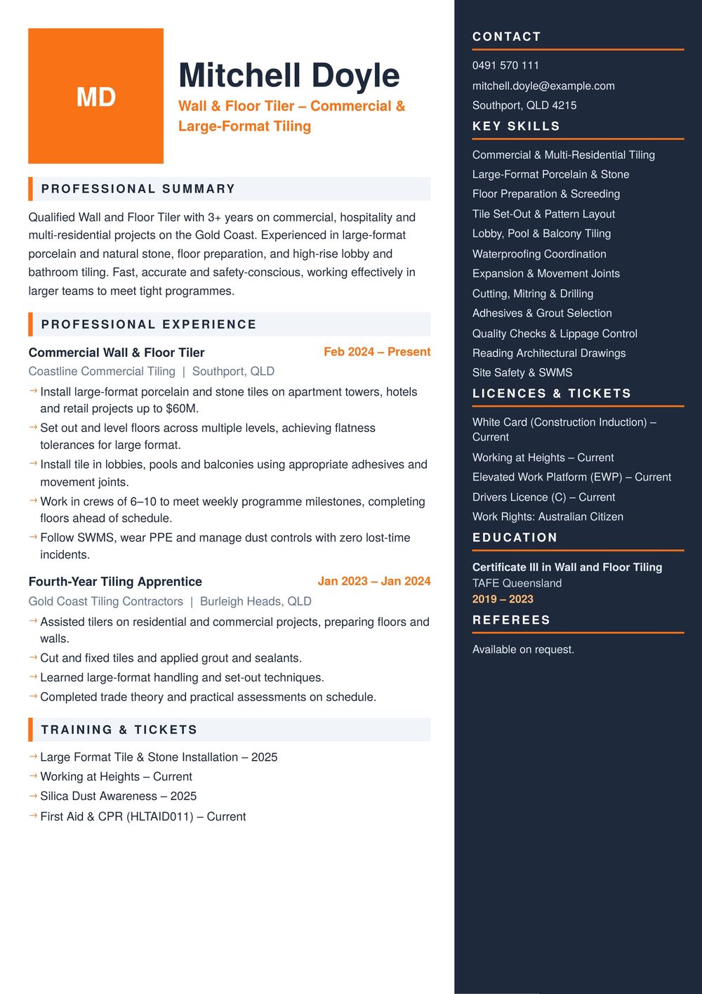 Commercial Large Format Wall and Floor Tiler Resume Sample Australia (2026) – ATS-Friendly Australian Format Commercial Large Format Wall and Floor Tiler resume sample Australia: one-page Australian-format resume example for 3-4 years of experience (JPG)