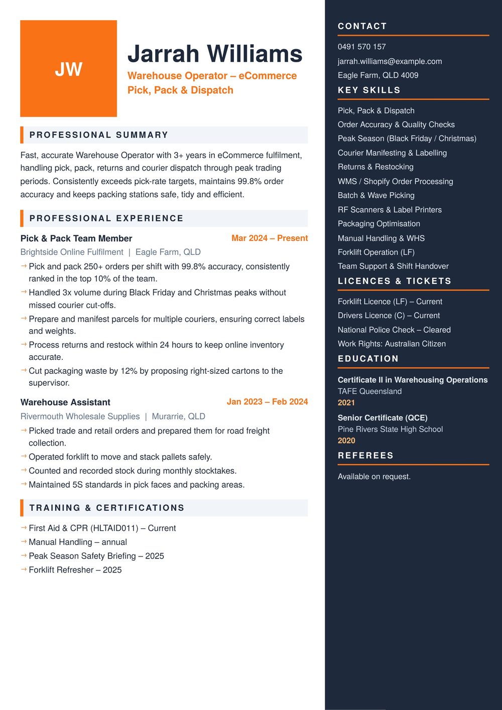 E-commerce Warehouse Operator Resume Sample Australia (2026) – ATS-Friendly Australian Format E-commerce Warehouse Operator resume sample Australia: one-page Australian-format resume example for 3-4 years of experience (JPG)