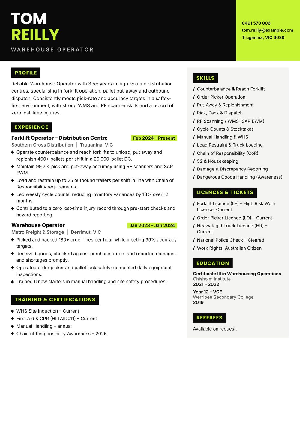 Forklift Warehouse Operator Resume Sample Australia (2026) – ATS-Friendly Australian Format Forklift Warehouse Operator resume sample Australia: one-page Australian-format resume example for 3-4 years of experience (JPG)
