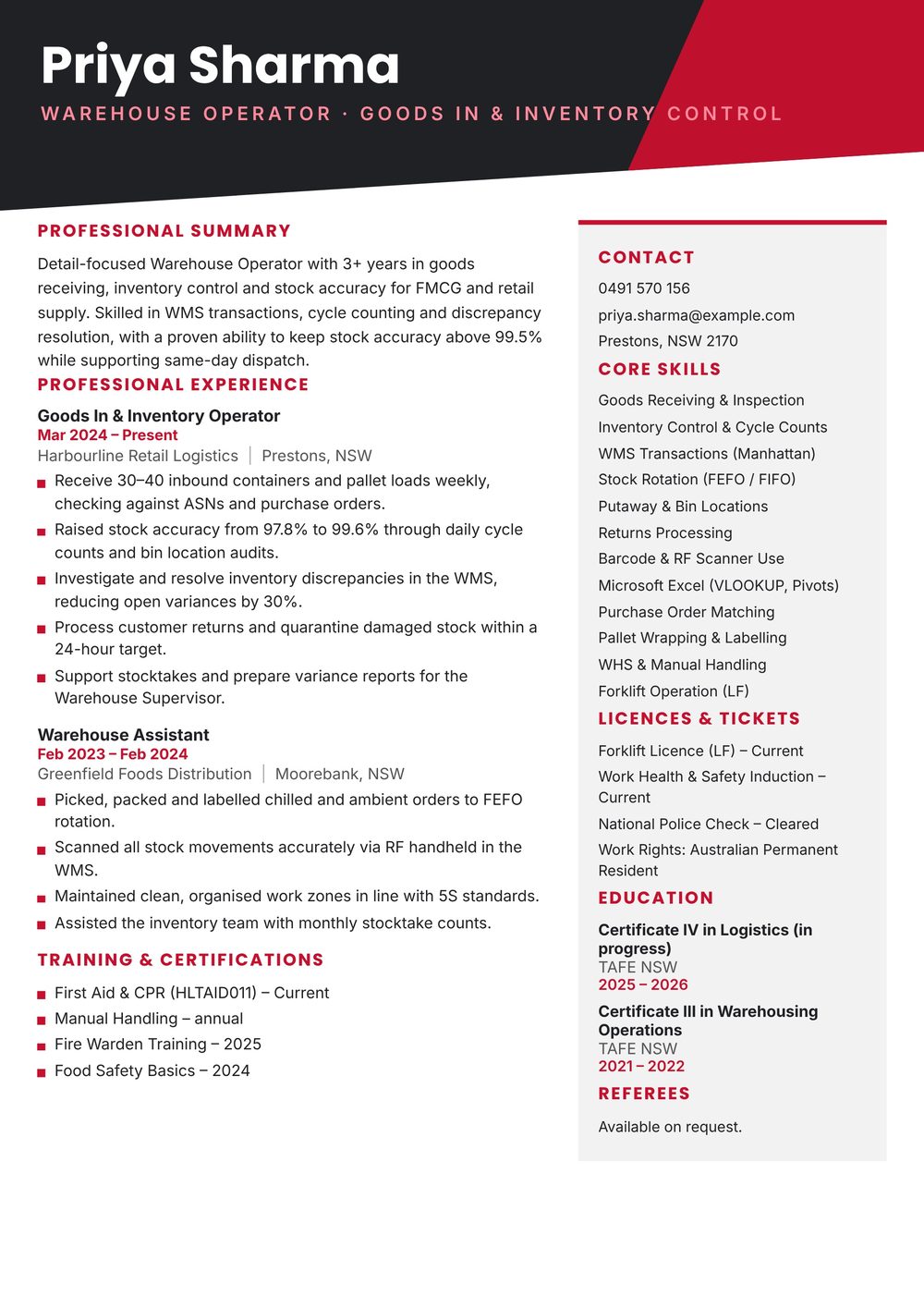 Inventory Control Warehouse Operator Resume Sample Australia (2026) – ATS-Friendly Australian Format Inventory Control Warehouse Operator resume sample Australia: one-page Australian-format resume example for 3-4 years of experience (JPG)