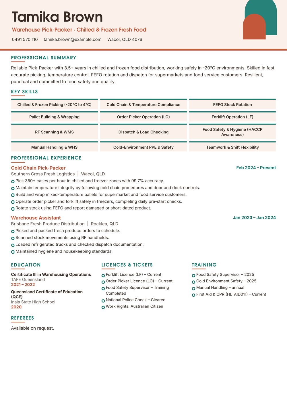 Cold Chain Warehouse Pick Packer Resume Sample Australia (2026) – ATS-Friendly Australian Format Cold Chain Warehouse Pick Packer resume sample Australia: one-page Australian-format resume example for 3-4 years of experience (JPG)