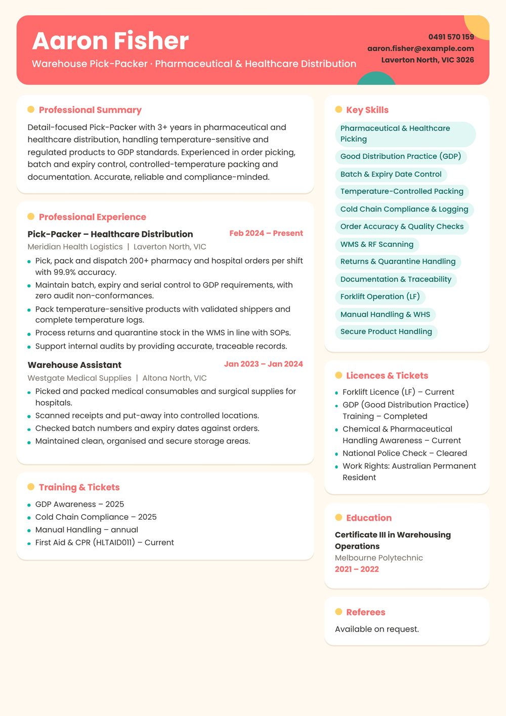 Pharmaceutical & Healthcare Warehouse Pick Packer Resume Sample Australia (2026) – ATS-Friendly Australian Format Pharmaceutical & Healthcare Warehouse Pick Packer resume sample Australia: one-page Australian-format resume example for 3-4 years of experience (JPG)